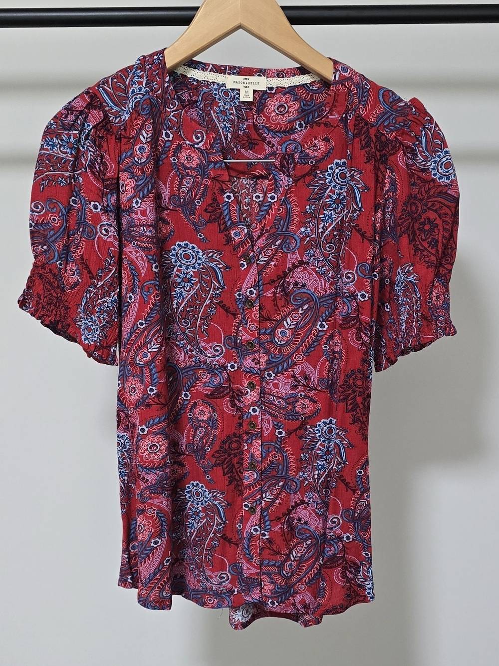 Maison Jules Red Paisley Button-Front Short Sleeve Blouse